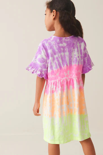 |Niña| Vestido de punto de manga corta - Rosa/Morado/Amarillo Bright Tie Dye (3-16 años)