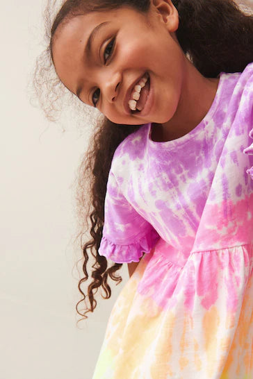 |Niña| Vestido de punto de manga corta - Rosa/Morado/Amarillo Bright Tie Dye (3-16 años)