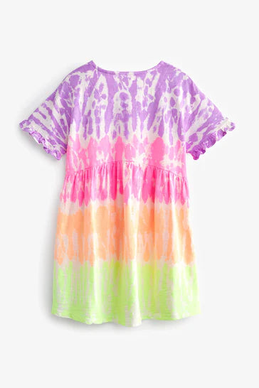 |Niña| Vestido de punto de manga corta - Rosa/Morado/Amarillo Bright Tie Dye (3-16 años)