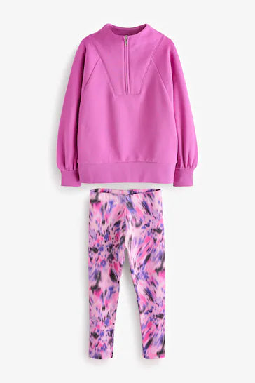 |Girl| Conjunto De Moletom e Leggings Rosa Brilhante Com Meio Zíper - Bright Pink (3 a 16 anos)