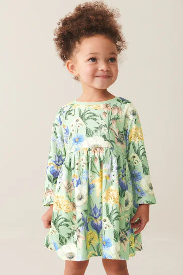 |Girl| Vestido De Malha De Manga comprida - Green Floral (3 meses a 7 anos)