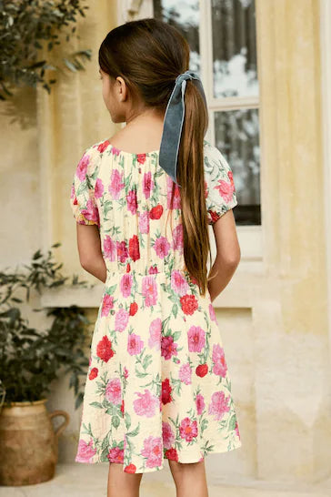 |NiñaGrande| Vestido rosa con estampado floral y mangas abullonadas (3-16 años)