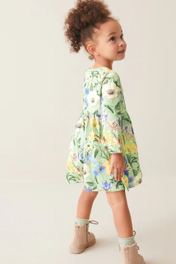 |Niña| Vestido de punto de manga larga - Verde Floral (3 meses a 7 años)