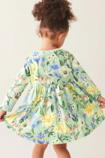 |Girl| Vestido De Malha De Manga comprida - Green Floral (3 meses a 7 anos)