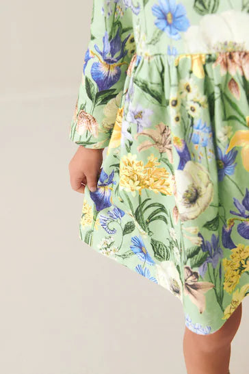 |Girl| Vestido De Malha De Manga comprida - Green Floral (3 meses a 7 anos)