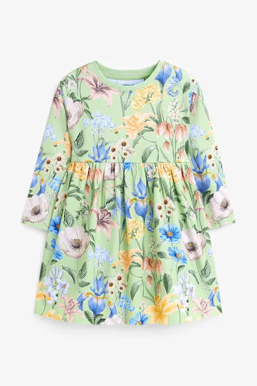 |Girl| Vestido De Malha De Manga comprida - Green Floral (3 meses a 7 anos)