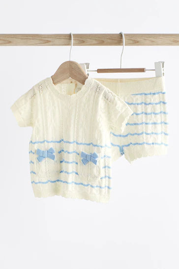 |Niña| Conjunto de top y shorts de malla para bebé con rayas blancas/azules (0 meses a 2 años)