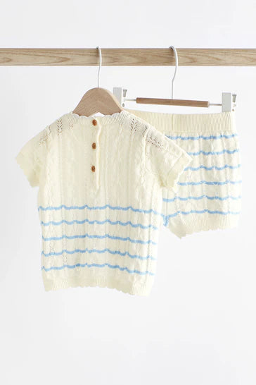 |Niña| Conjunto de top y shorts de malla para bebé con rayas blancas/azules (0 meses a 2 años)