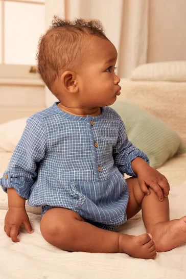 |BabyBoy| Macacão Bloomer De Manga Comprida Tecido Azul (0 meses a 2 anos)