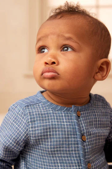 |BabyBoy| Macacão Bloomer De Manga Comprida Tecido Azul (0 meses a 2 anos)