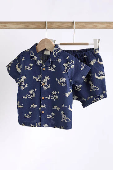 |Bebé| Conjunto de top y pantalón corto - Estampado de palmeras en azul (0m-2 años)