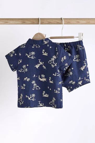 |Bebé| Conjunto de top y pantalón corto - Estampado de palmeras en azul (0m-2 años)