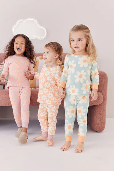 |Niña| Pack de 3 pijamas estampados de manga larga - Naranja neón/Azul floral (9 meses a 10 años)