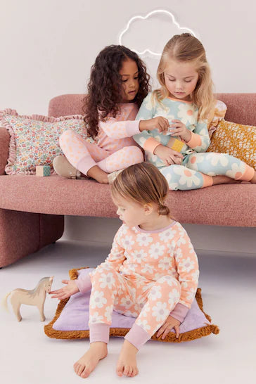 |Niña| Pack de 3 pijamas estampados de manga larga - Naranja neón/Azul floral (9 meses a 10 años)