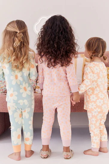 |Niña| Pack de 3 pijamas estampados de manga larga - Naranja neón/Azul floral (9 meses a 10 años)