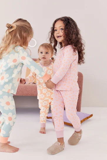 |Niña| Pack de 3 pijamas estampados de manga larga - Naranja neón/Azul floral (9 meses a 10 años)