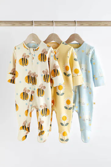 |Niña| Paquete de 3 pijamas para bebé con cremallera bidireccional - Azul/Amarillo (0 meses a 2 años)