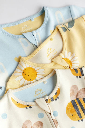 |Niña| Paquete de 3 pijamas para bebé con cremallera bidireccional - Azul/Amarillo (0 meses a 2 años)