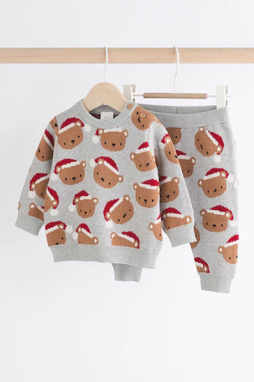 |BabyBoy| Conjunto De Macacão e Leggings De Malha De Natal Urso Cinza Para Bebê (0 meses a 2 anos)