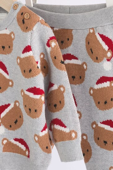 |BabyBoy| Conjunto De Macacão e Leggings De Malha De Natal Urso Cinza Para Bebê (0 meses a 2 anos)