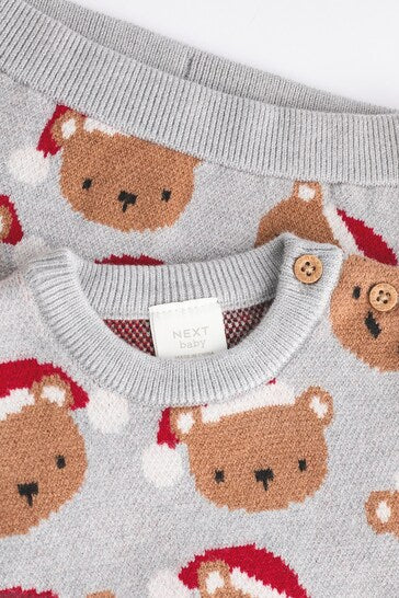 |BabyBoy| Conjunto De Macacão e Leggings De Malha De Natal Urso Cinza Para Bebê (0 meses a 2 anos)