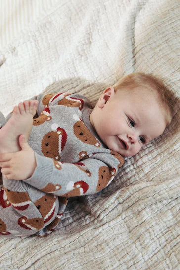 |BabyBoy| Conjunto De Macacão e Leggings De Malha De Natal Urso Cinza Para Bebê (0 meses a 2 anos)