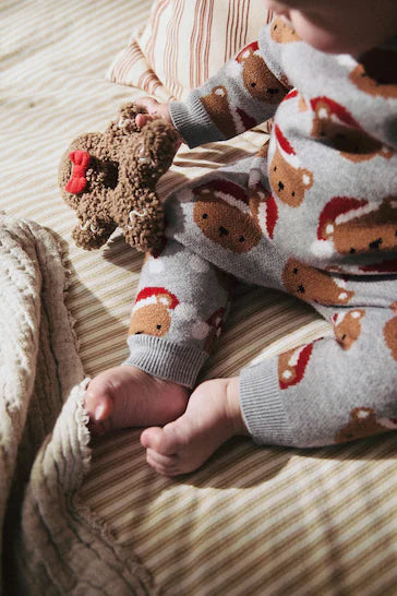 |BabyBoy| Conjunto De Macacão e Leggings De Malha De Natal Urso Cinza Para Bebê (0 meses a 2 anos)