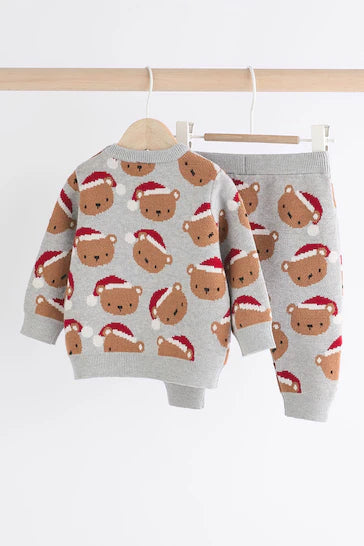 |BabyBoy| Conjunto De Macacão e Leggings De Malha De Natal Urso Cinza Para Bebê (0 meses a 2 anos)