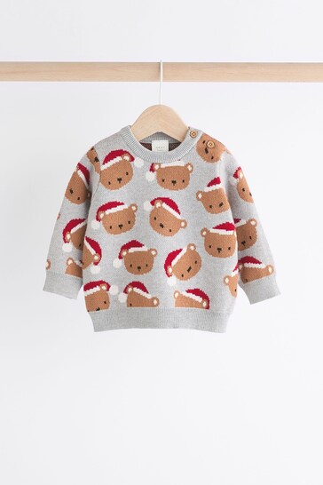 |BabyBoy| Conjunto De Macacão e Leggings De Malha De Natal Urso Cinza Para Bebê (0 meses a 2 anos)