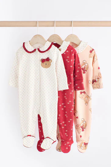 |Niña| Set de 3 Pijamas para Bebé con Osito Navideño Rojo/Crema (0 meses a 2 años)