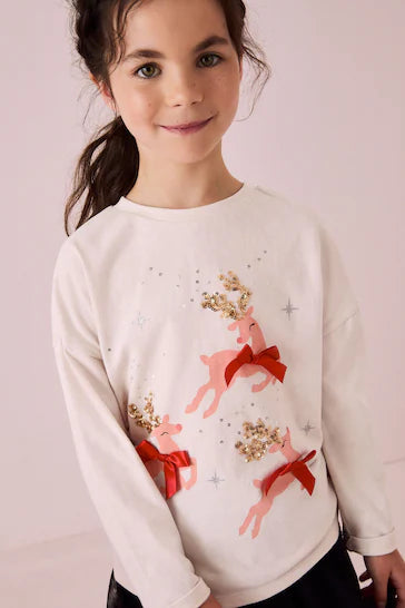 |BigGirl| Camiseta De Manga Comprida 100% Algodão Ecru Sequin Reindeer (3-16 anos)