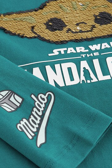 |Chico Grande| Camiseta de Star Wars con licencia de lentejuelas Flippy, color verde azulado, 100 % algodón (edades de 3 a 16 años)