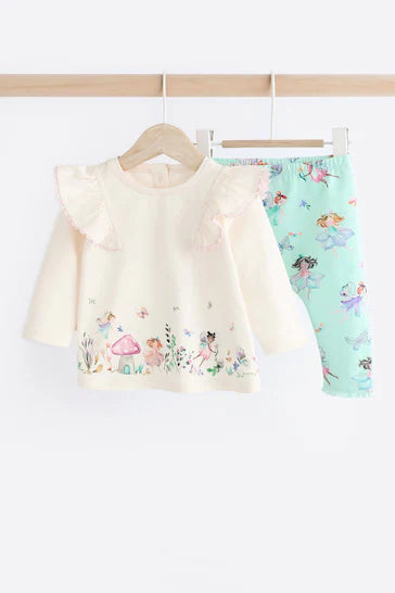 |BabyGirl| Conjunto De Top e Leggings De Manga Comprida Para Bebê - Branco/Verde