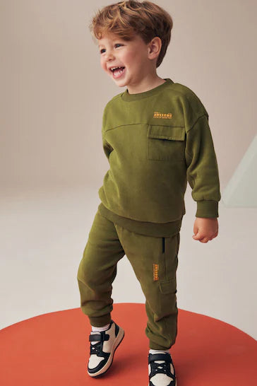 |Boy| Conjunto Utilitário De Moletom e Joggers - Verde Cáqui (3 meses a 7 anos)