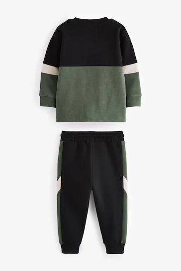 |Niño| Conjunto de camiseta de manga larga y jogging con tacto suave negro/verde (3 meses a 7 años)