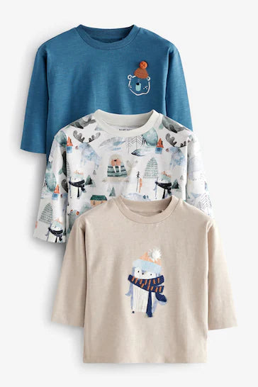 |Boy| Camisetas De Personagens Com Estampa Animal De Manga Comprida 100% Algodão, Pacote Com 3 - Azul/Branco (3 meses a 7 anos)