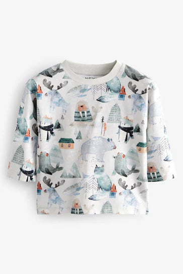 |Boy| Camisetas De Personagens Com Estampa Animal De Manga Comprida 100% Algodão, Pacote Com 3 - Azul/Branco (3 meses a 7 anos)