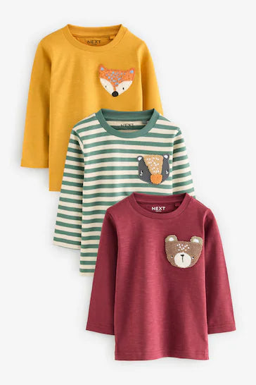 |Boy| Camisetas De Personagens Com Estampa Animal De Manga Comprida Verde/Azul 100% algodão, pacote com 3 (3 meses a 7 anos)