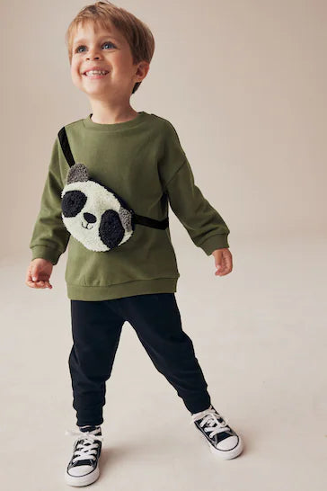 |Boy| Conjunto De Moletom e Joggers Com Gola Redonda Panda Verde Cáqui Utilitário Bumbag (3 meses a 7 anos)