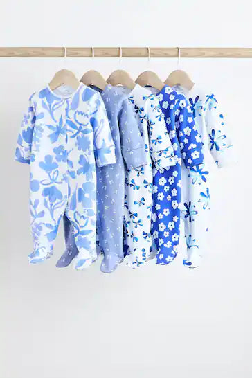 |BabyGirl| Conjunto De 5 Macacões 100% Algodão Com Pés Para Bebê - Azul (0-2 anos)