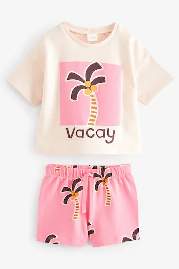 |Girl| Conjunto De Camiseta e Shorts De Manga Curta - Palmeira Rosa (3 meses a 7 anos)