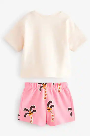 |Girl| Conjunto De Camiseta e Shorts De Manga Curta - Palmeira Rosa (3 meses a 7 anos)