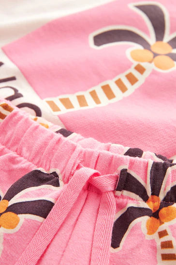 |Girl| Conjunto De Camiseta e Shorts De Manga Curta - Palmeira Rosa (3 meses a 7 anos)