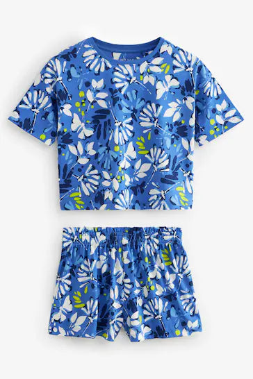 |BigGirl| Pacote de 3 pijamas curtos - Azul Floral/Listra (9 meses a 16 anos)