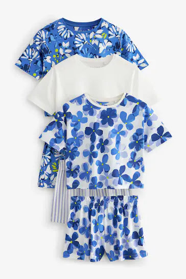 |NiñaGrande| Pack de 3 pijamas cortos - Azul Floral/Rayas (9 meses a 16 años)