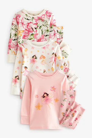 |BigGirl| Pacote De 3 Pijamas Estampados De Fada Rosa/Creme (9 meses a 12 anos)