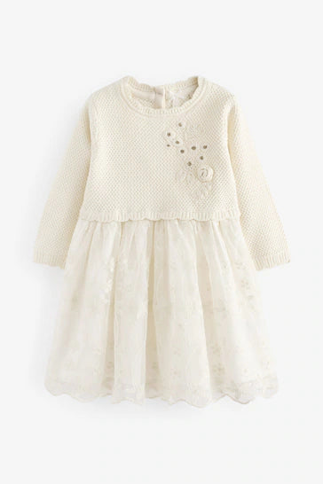 |Girl| Vestido Jumper De Malha De Manga Comprida Para Ocasiões 2 Em 1 - Bege (3 meses a 10 anos)