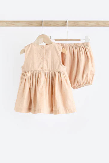 |Niña| Conjunto Vestido y Bloomer Beige con Detalle de Ganchillo para Bebé (0 meses a 2 años)