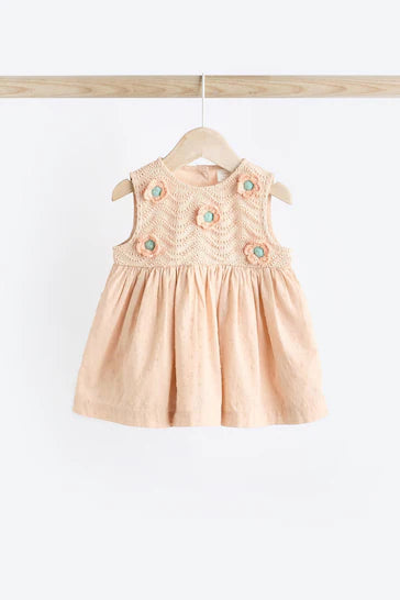 |Niña| Conjunto Vestido y Bloomer Beige con Detalle de Ganchillo para Bebé (0 meses a 2 años)