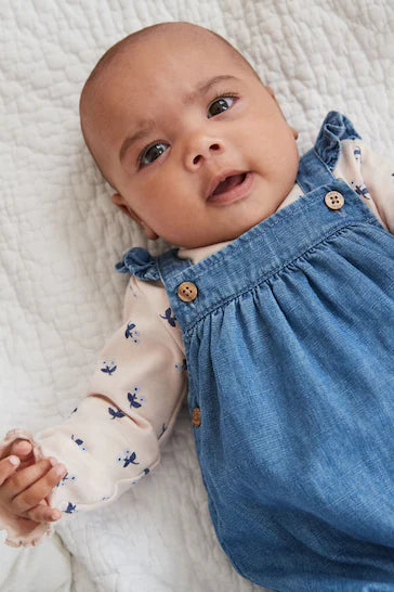 |BabyGirl| Conjunto De Macaquinho Jeans Para Bebê e Body De Manga Comprida (0 meses a 2 anos)